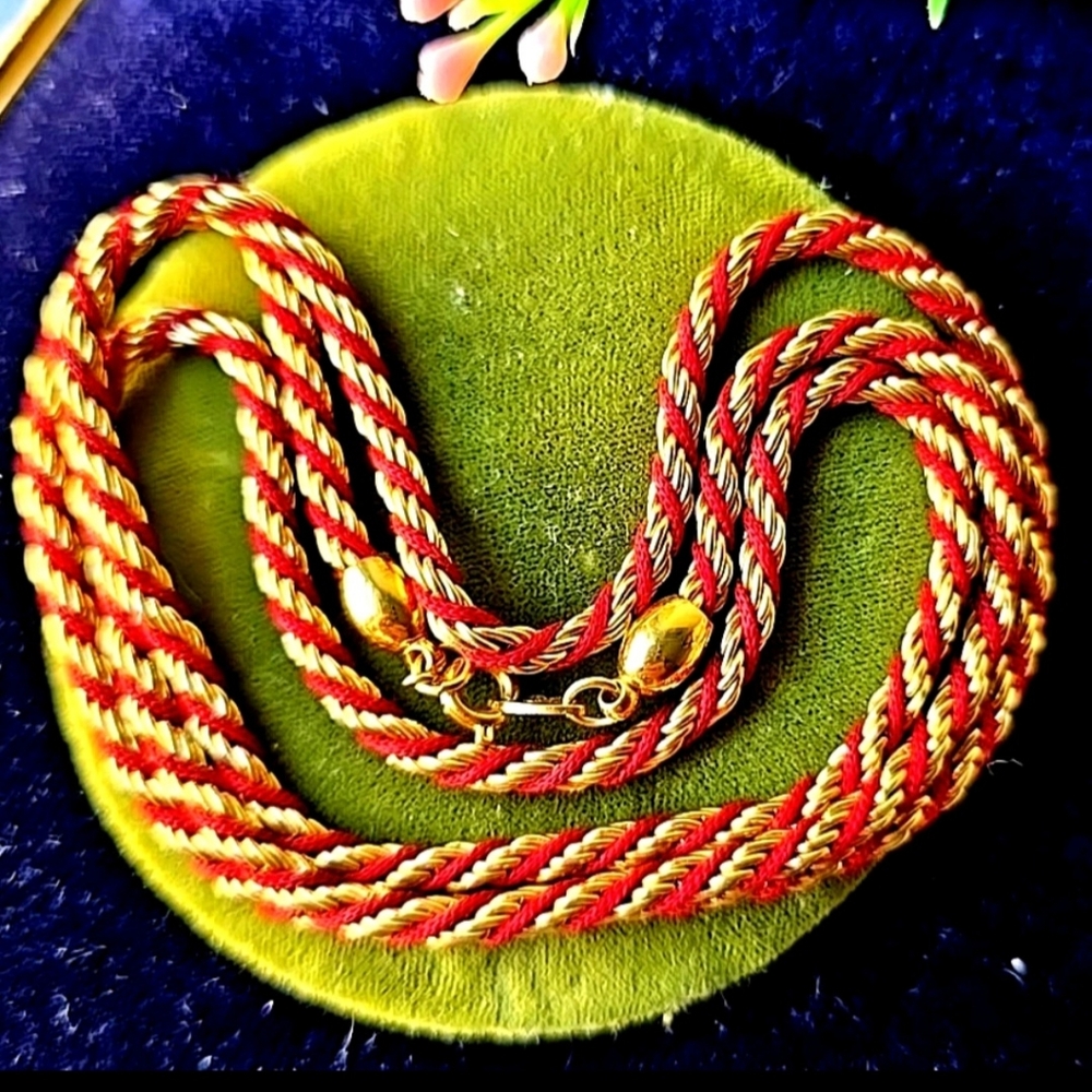 Trifari Gold Tone Red Silk Accent Rope Chain  EUC
